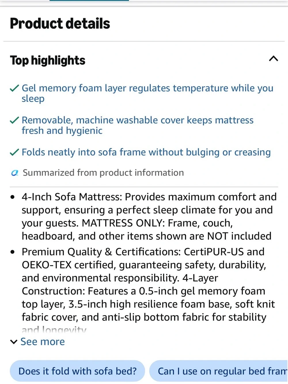 Queen Gel Memory Foam Sofa Mattress - White